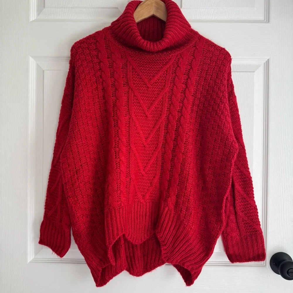 Pink Lily Red Cable Knit Chunky Turtleneck Sweater Women’s Size Small